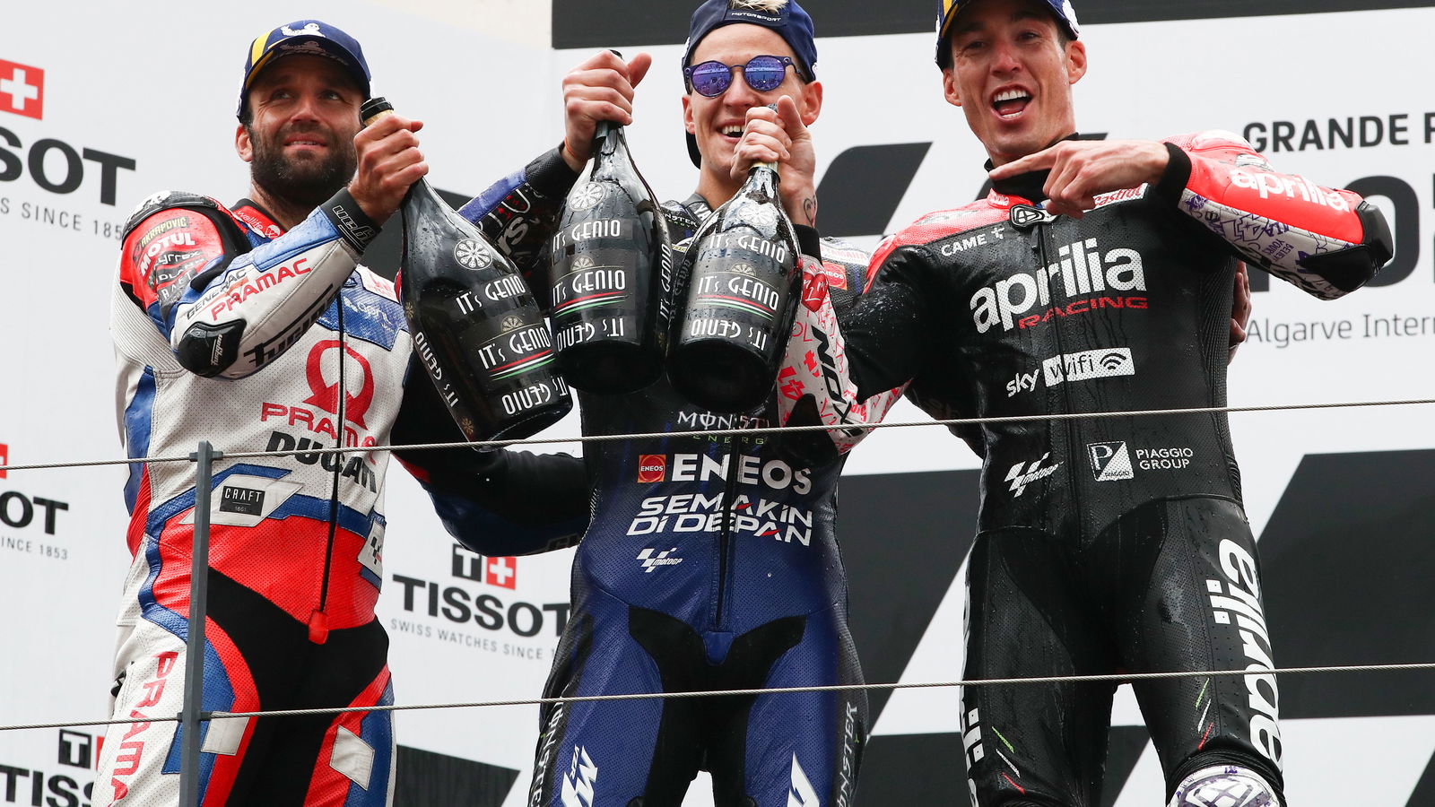 2022 Portuguese Grand Prix MotoGP podium with Fabio Quartararo, Johann Zarco, Aleix Espargaro.
