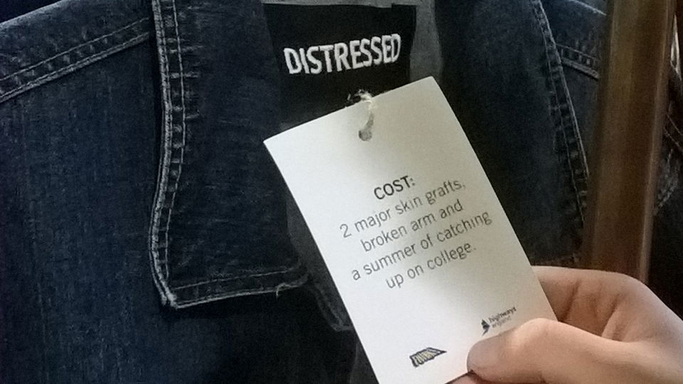 'Distressed' clothing shows the consequences of crashing without protective gear