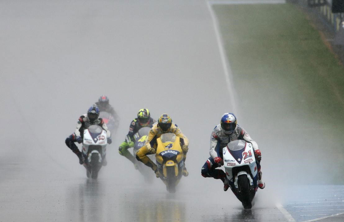 MotoGP race bikes in the rain at Donington Park