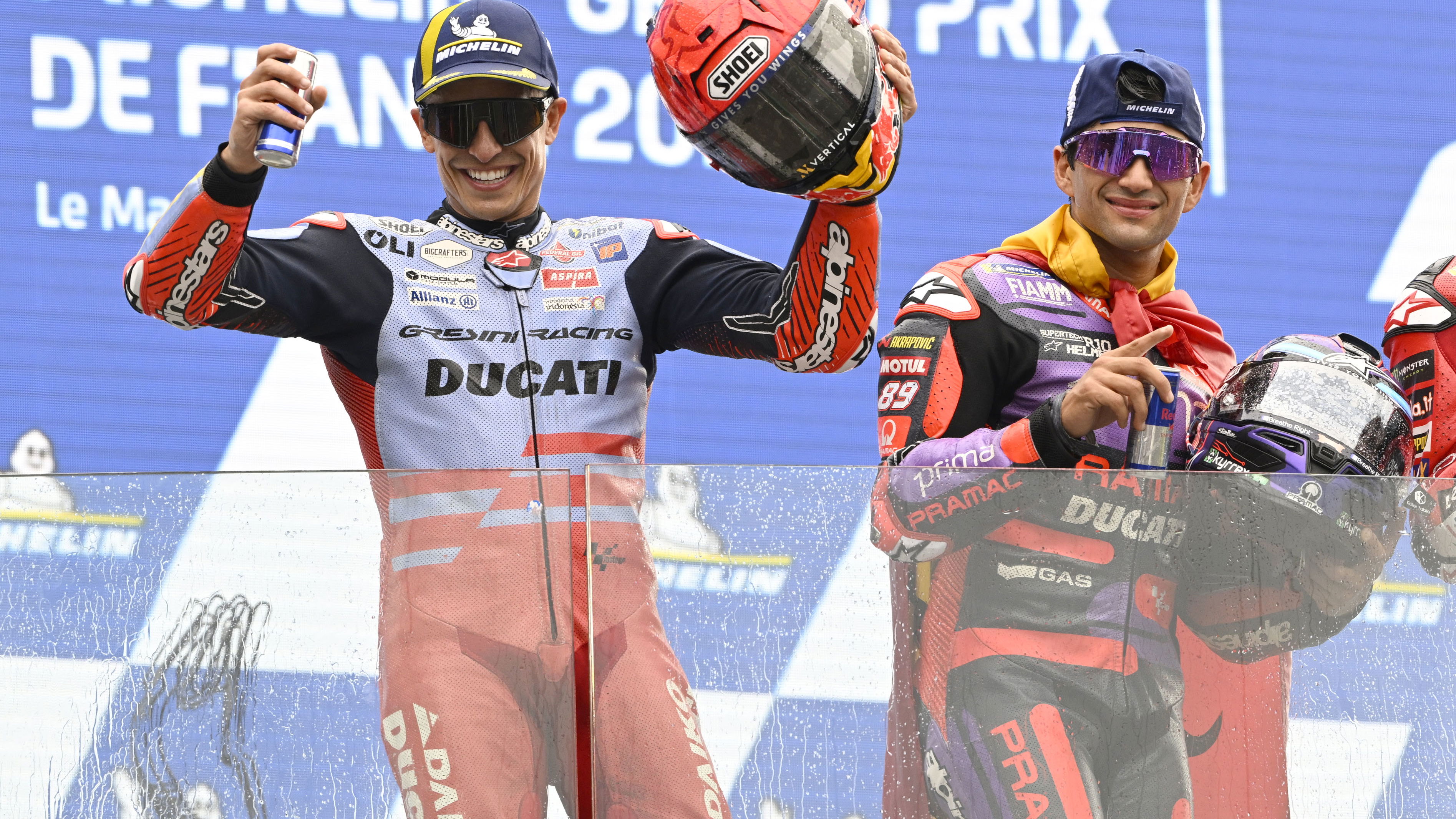 Jorge Martin, Marc Marquez, 2024 MotoGP French Grand Prix podium. - Gold and Goose