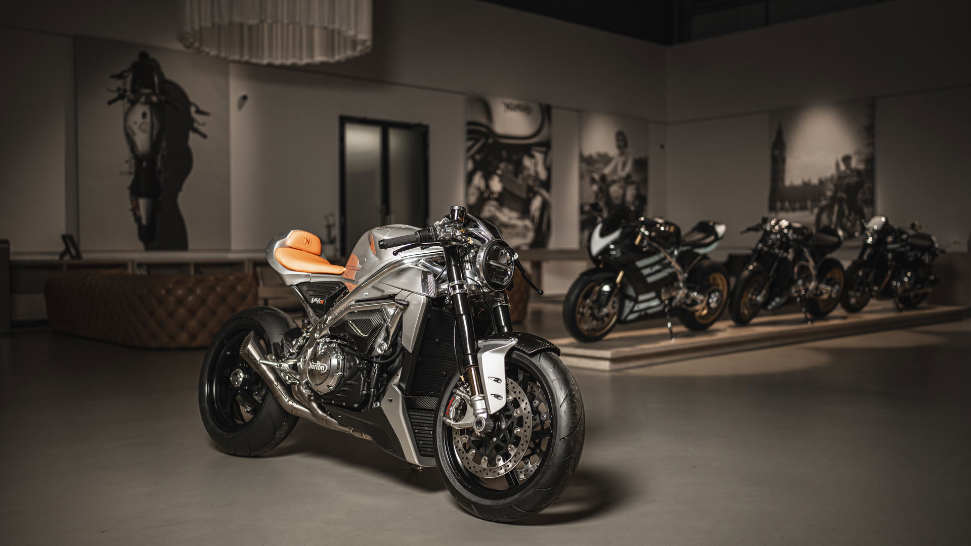 The foyer at Norton Motorcycles with some motorbikes from past and present