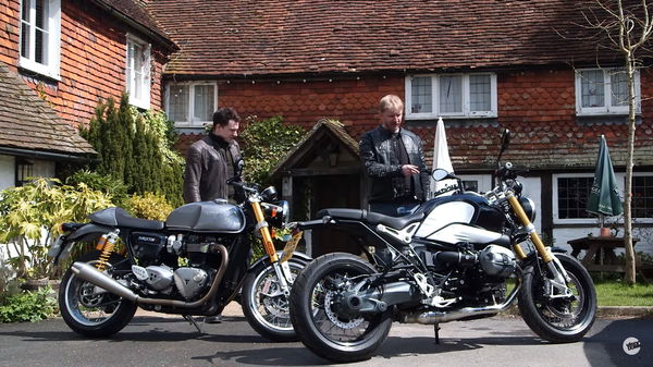 Triumph Thruxton R vs BMW R nineT video review