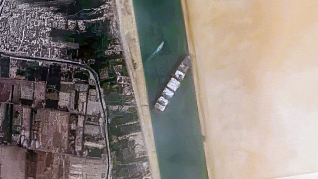 By Contains modified Copernicus Sentinel data [2021], processed by Pierre Markuse - Container Ship &#039;Ever Given&#039; stuck in the Suez Canal, Egypt - March 24th, 2021, CC BY 2.0, 