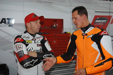 Mamola crashes Schumacher's Ducati 1098R