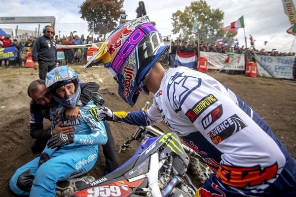 Tom Vialle congratulates Maxime Renaux on his MX2 world title win, 2021 MXGP of Garda. - Yamaha Racing.