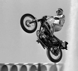 Evel Knievel performing a stunt 