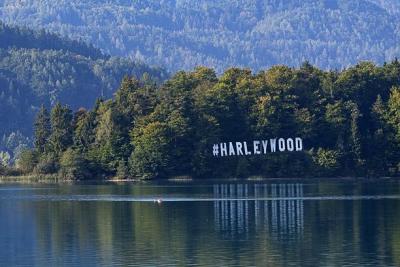 The 'Harleywood' sign at Fak am See for Euro Bike Week