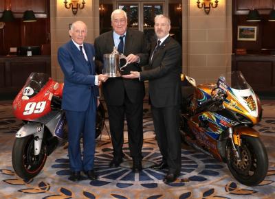 Ben Cussons and Barrie Baxter present Mike Trimby with the Torrens Trophy