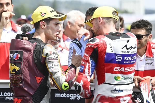 Jake Dixon, Tony Arbolino, 2023 Moto2 German Grand Prix parc ferme. - Gold and Goose