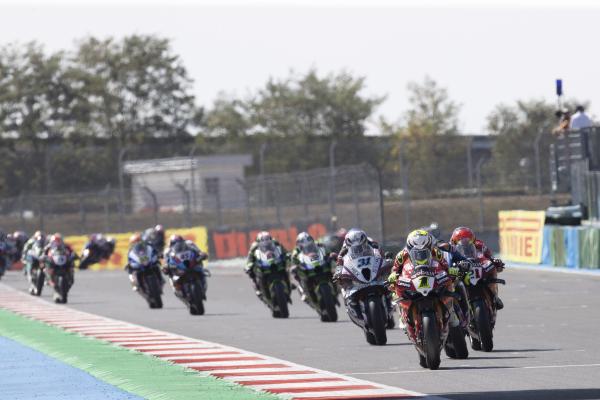 Alvaro Bautista leads WorldSBK pack, 2023 French WorldSBK. - Gold and Goose