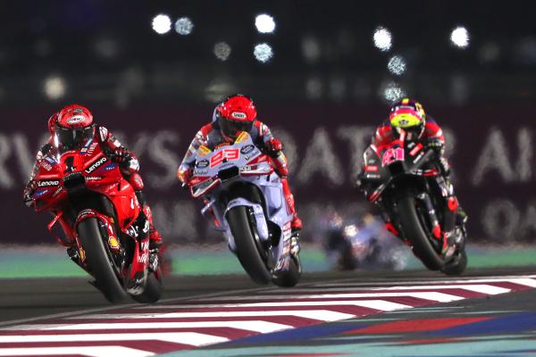 Francesco Bagnaia, Marc Marquez, Aleix Espargaro, 2024 MotoGP Qatar Grand Prix. - Gold and Goose