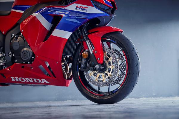 The front wheel and brake on a Honda motorcycle