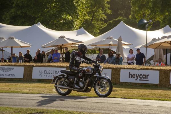 Toad from Visordown riding the new Gold Star motorcycle at FoS