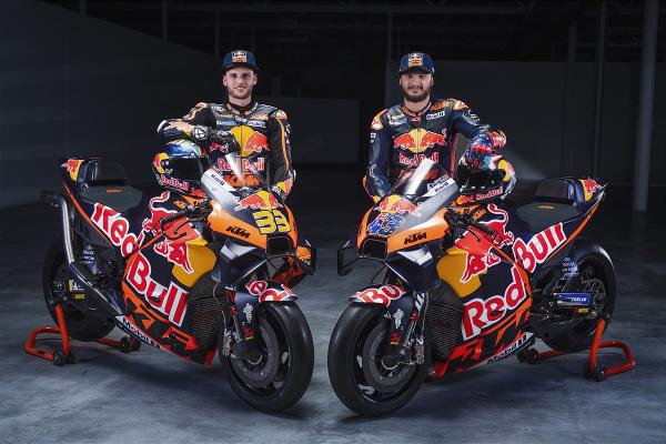 Brad Binder and Jack Miller with KTM RC16, 2023 Red Bull KTM Factory Racing team launch.
