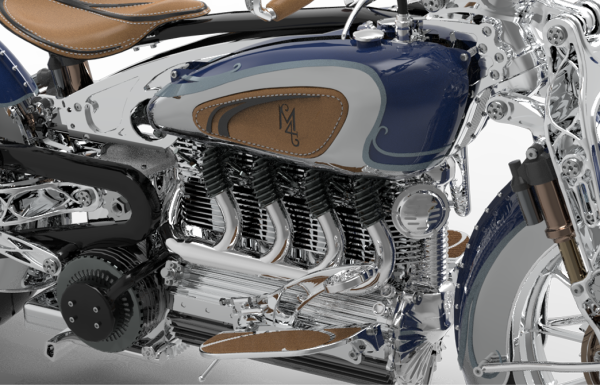 The engine and frame of a retro motorcycle