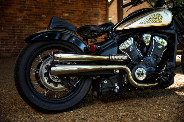 The rear end of an Indian Scout Custom motorcycle