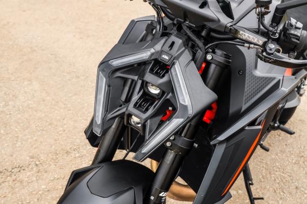 The headlight of a KTM Super Duke R Evo