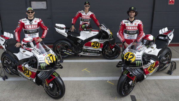 Alex Rins, Fabio Quartararo, Remy Gardner with Monster Energy Yamaha MotoGP retro livery for 2024 MotoGP British Grand Prix. - Yamaha.