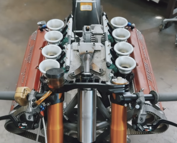 A Ferrari F355 engine in a motorcycle frame