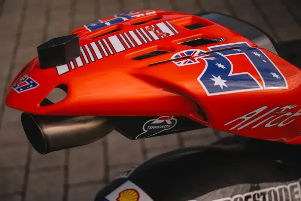 The exhaust and seat unit of the GP7 Ducati MotoGP machine