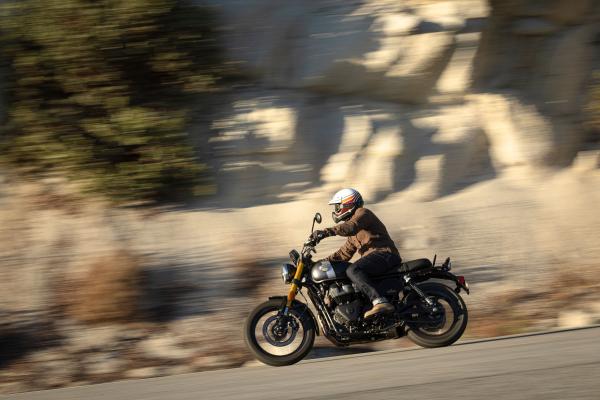 The Golden Shadow Bear 650 being ridden on a canyon road