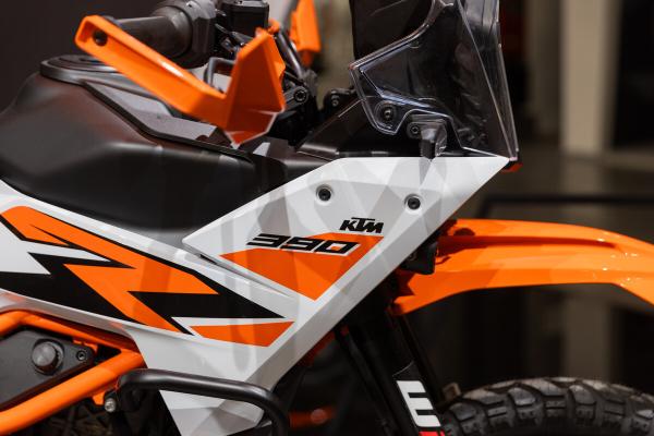 The side panel and decals of the 390 Adventure R