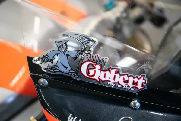 The fairing still wears Gobert's race number and his reaper sticker is still on the screen