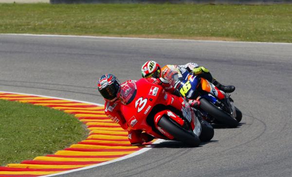 Max Biaggi leads Valentino Rossi, 2002 MotoGP Italian Grand Prix. - Gold and Goose