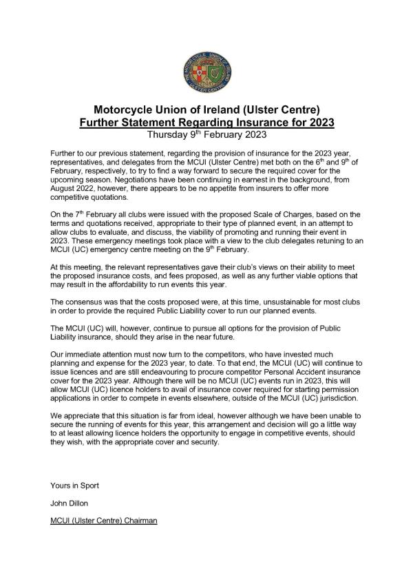Motorcycle Union of Ireland (Ulster Centre) statement on cancellation of 2023 events