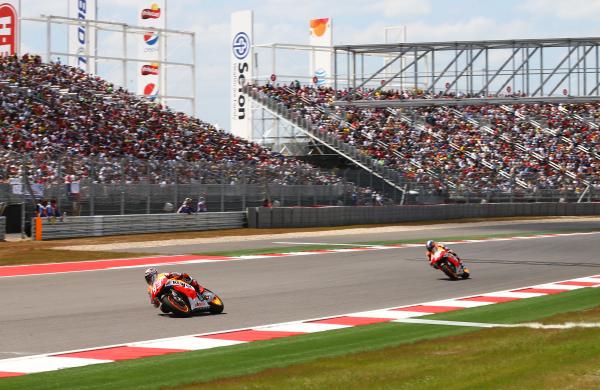 Marc Marquez leads Dani Pedrosa, 2013 GP of the Americas.