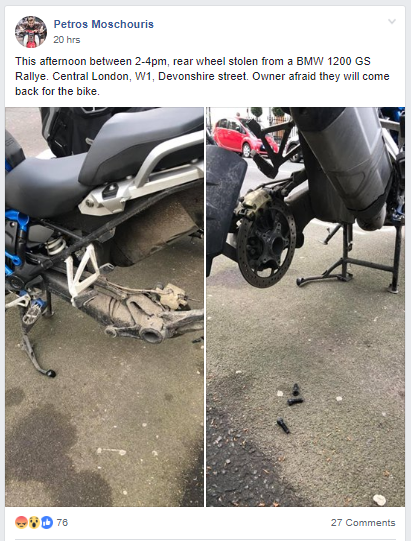 BMW GS rear wheel stolen Facebook post