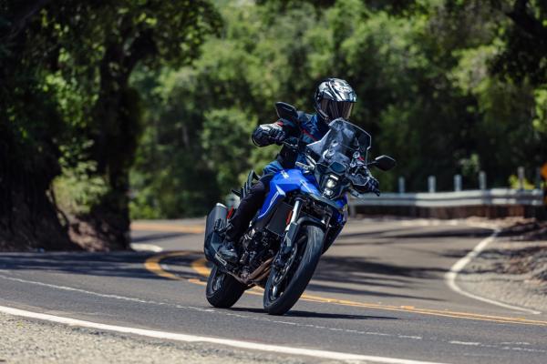 The Suzuki V-STrom riding around a corner