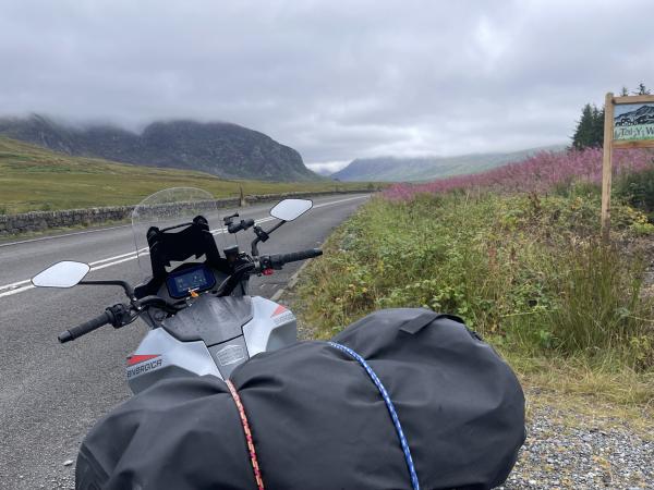 A motorcycle in a welsh valley