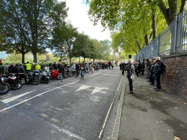 Motorcycles lined up on road in Hackney, SLM protest 8 October 2022.