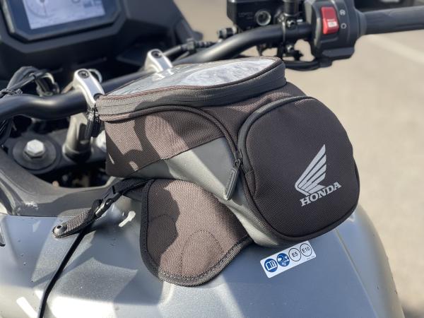 The tank bag on a motorbike