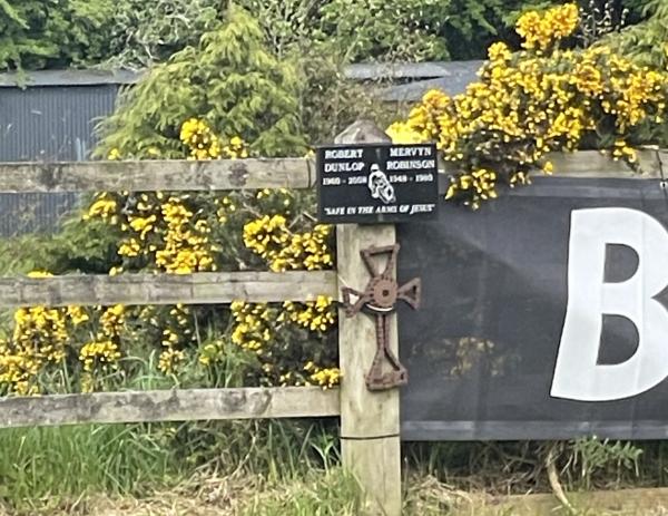 A memorial to the late racers Robert Dunlop and Mervyn Robinson