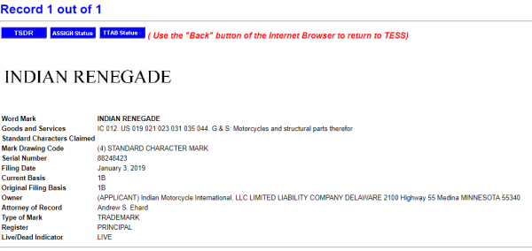 Indian Renegade trademark