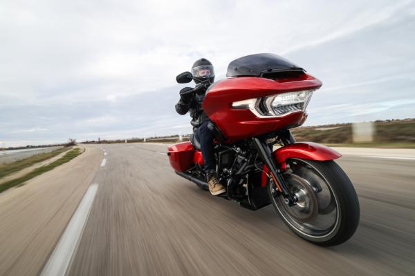 A Harley-Davidson riding along a road