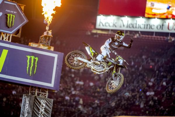 Ricky Carmichael on 2024 Triumph MX bike at 2023 LA Coliseum SMX. - Triumph