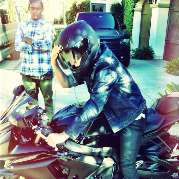 Justin Bieber pictured on a Suzuki motorcycle