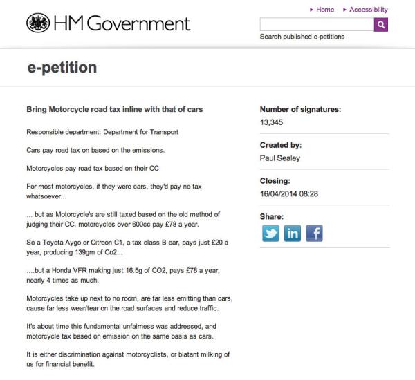 E-petition demands motorcycles be taxed in the same way as cars