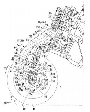 Honda files patents for leaning three-wheeled motorcycle