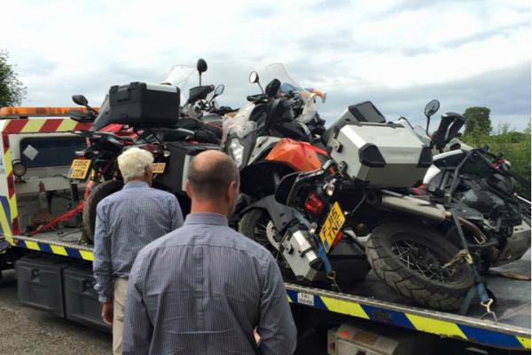 Transport firm delivers bikes stacked like fallen dominoes