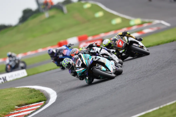 Josh Brookes leads Christian Iddon, Ryan Vickers, 2023 Oulton Park BSB. - FHO Racing.