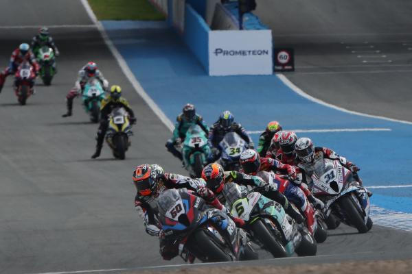 Michael van der Mark leads WorldSBK pack, 2023 Spanish WorldSBK. - Gold and Goose