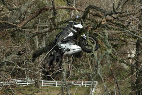Motorcycle stuck in tree after crash