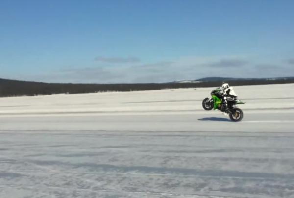Swedish racer breaks record for fastest motorcycle wheelie on ice