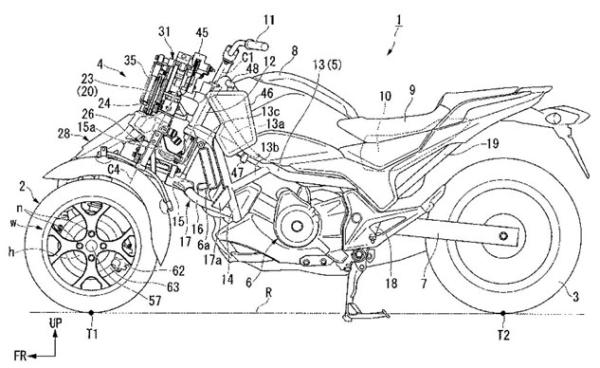 Honda files patents for leaning three-wheeled motorcycle