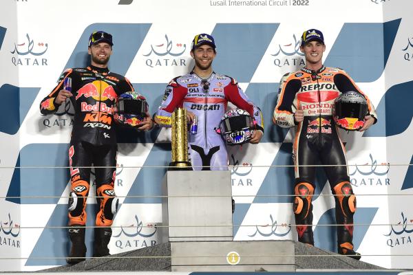 Qatar 2022 MotoGP podium with Enea Bastianini, Brad Binder, Pol Espargaro. 