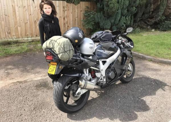 A 1998 Honda Fireblade loaded up for a road trip